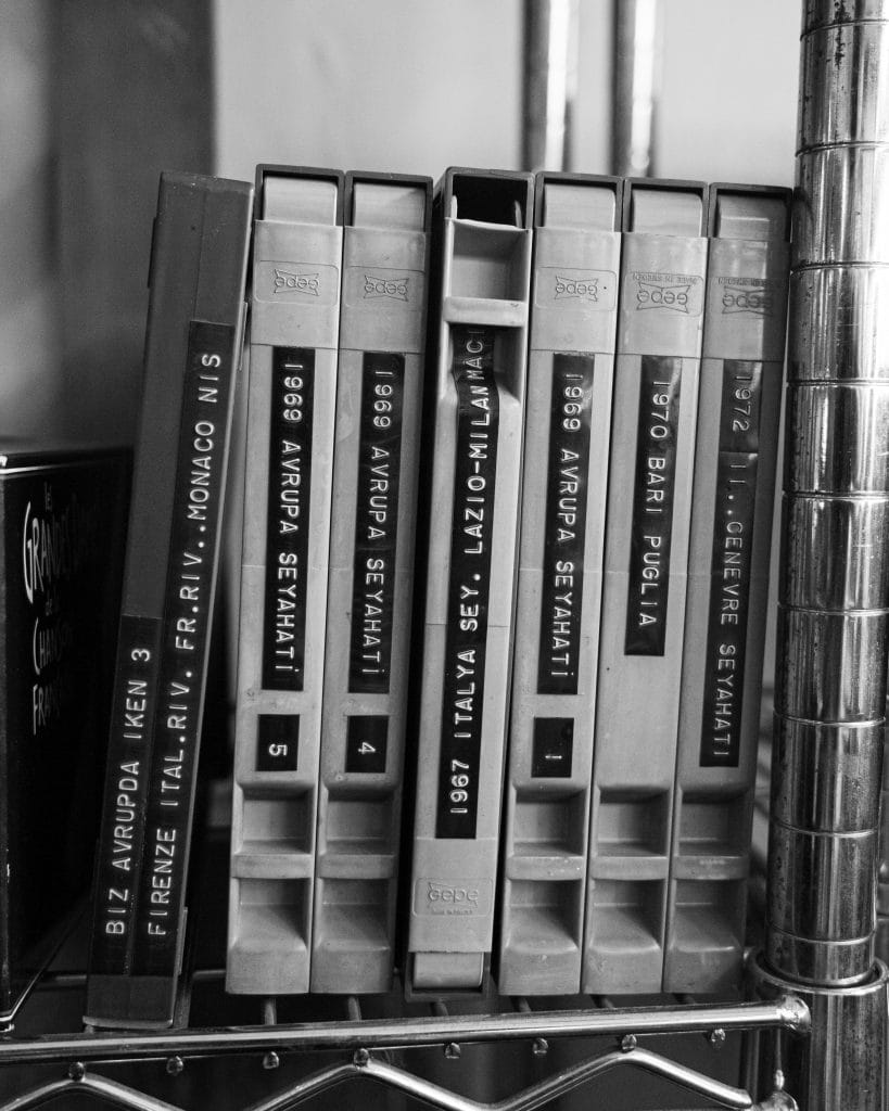 Collection of vintage travel journals with European destinations in black and white.
